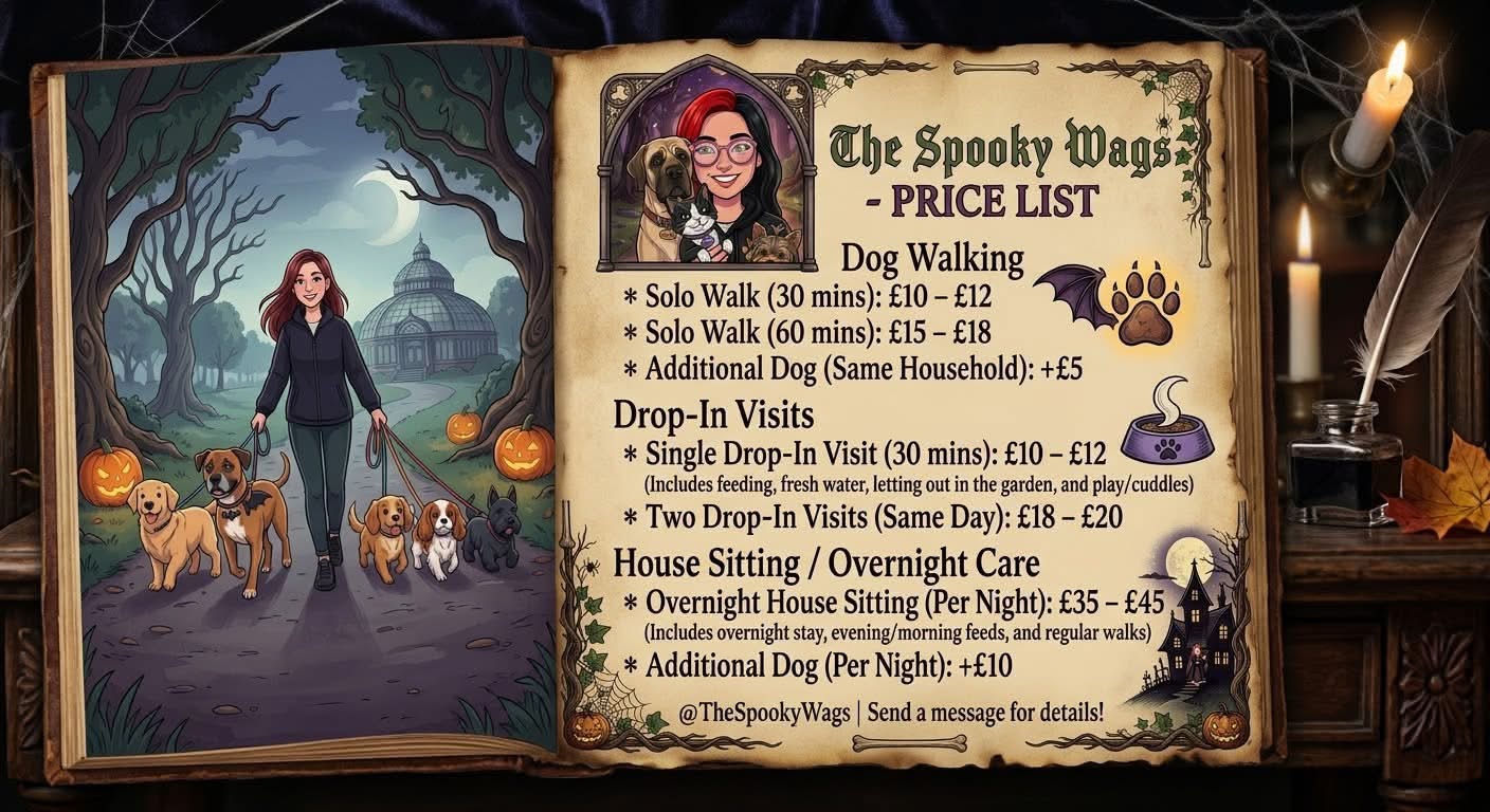 The Spooky Wags storybook illustration of a dog walker and dogs on a moonlit woodland path